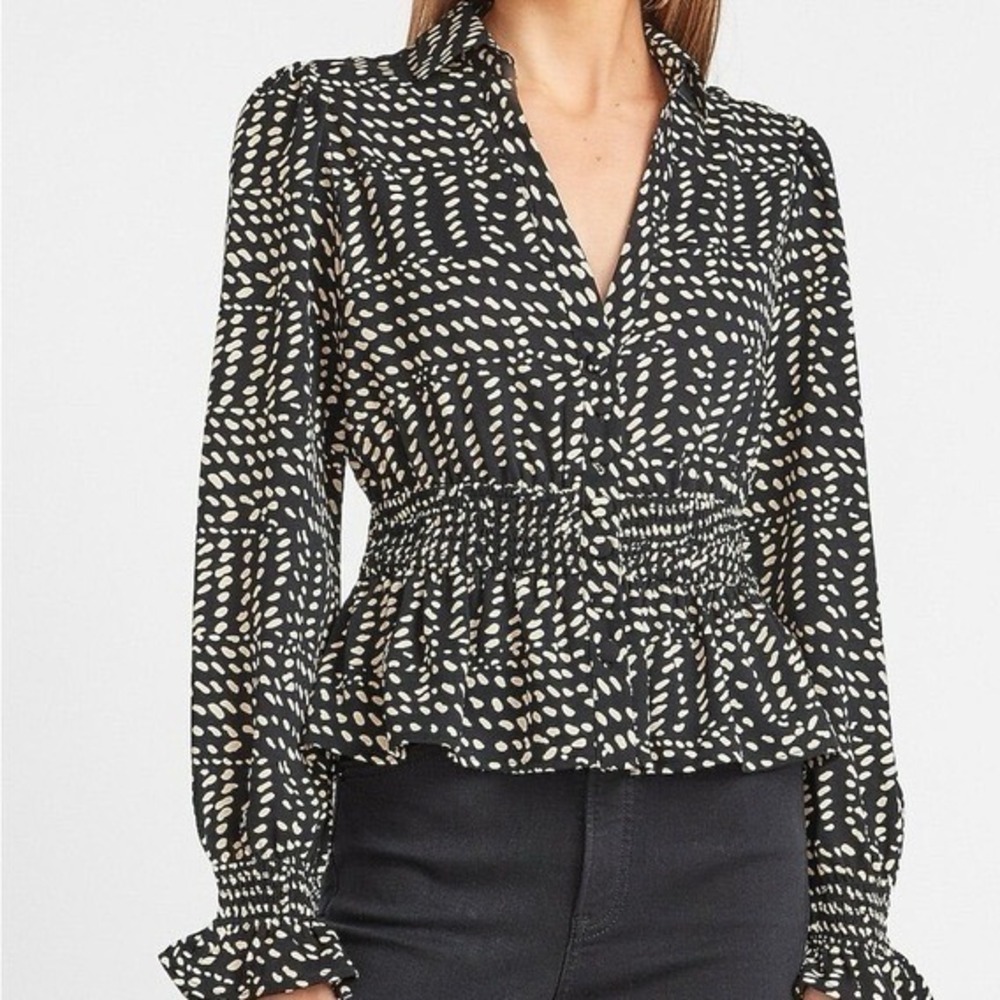 Express Women's Blouse XS Black‎ Tan Long Sleeve Shirt Tailored Top Career